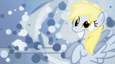 a little pony with yellow hair and big eyes standing in front of a blue background