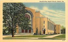 an old postcard shows the front of a church with trees in front of it