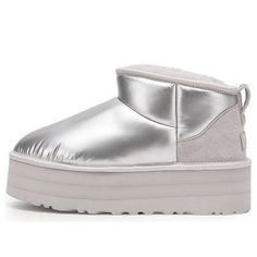 (WMNS) UGG Ultra Mini Platform High Shine 'Silver' 1144048-SLVR Silver Uggs, Ugg Ultra Mini Platform, Ugg Ultra Mini, Shinee, Sneakers, Silver