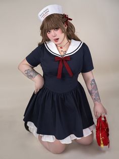 Get ready to set sail in style with our plus-size blue sailor collar basque waist summer dress. This stunning dress features a classic sailor collar and a flattering basque waist design, perfect for accentuating your curves. The vibrant blue color is perfect for the summer season. Made from high-quality materials, this dress is a must-have for any kawaii fashion lover.   Please note that this product includes only the dress.  Garment Size   	 		 			Size 			XL 			2XL 			3XL 			4XL 		 		 			Bust Sailor Style Short Sleeve Fitted Dress, Fitted Sailor Dress With Short Sleeves, Blue Sailor Dress With Sailor Collar, Blue Fitted Dress With Sailor Collar, Navy Fitted Dress With Sailor Collar, Japanese Sailor Uniform, Plus Size Kawaii, Puff Sleeves Blouse, Basque Waist