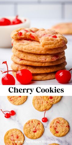 cherry cookies stacked on top of each other with cherries around them and the words cherry cookies