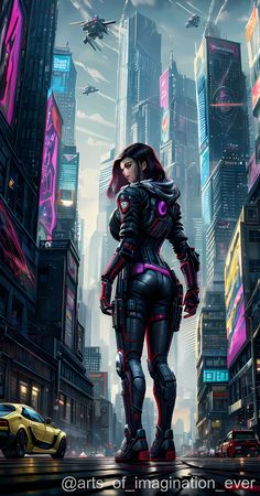 a futuristic woman standing in the middle of a city