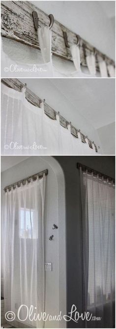 two pictures of curtains hanging on the side of a window