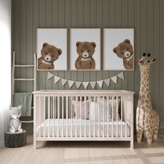 a baby's room with three pictures and a crib in the foreground