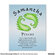 a card with the words piscs and two green seahorses on it