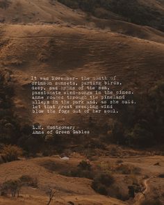 a field with trees and hills in the background that has a poem written on it