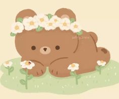 a brown teddy bear laying on top of a green field with flowers in it's hair