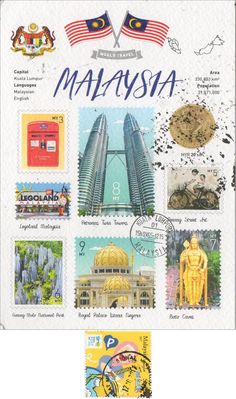 the malaysia stamps are printed on white paper and include images of buildings, landmarks, and flags