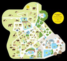 a map of the zoo with animals on it and some trees in the background, including elephants