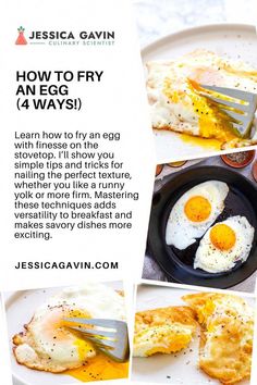 an egg is being cooked in a skillet on a plate with the words how to fry an egg 4 ways