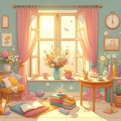 a painting of a room with flowers and books on the floor next to a window