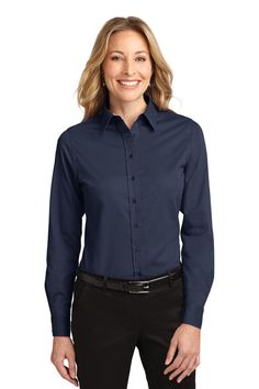 Port Authority ® Ladies Long Sleeve Easy Care Shirt. L608 - NAVY/ LIGHT STONE - S | Port Authority Women's Long Sleeve Easy Care Shirt in Navy Blue/Light Stone Size Small | Cotton/Polyester Blend Mediterranean Blue, Orange Texas, Port Authority, Work Wear Women, Woven Dress, Long Sleeve Shirt Dress, Work Shirts, Office Outfits, The Professional