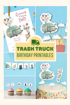 a collage of photos with the words trash truck birthday printables on them