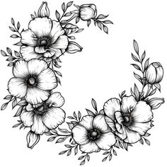 a black and white drawing of flowers in the shape of a letter o on a white background