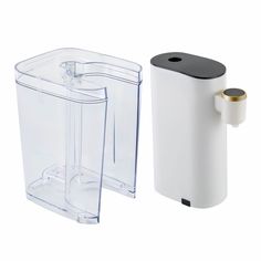 two different types of soap dispensers are shown in this image, one is white and the other is black