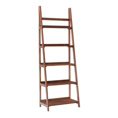 a wooden ladder shelf with three shelves on each side