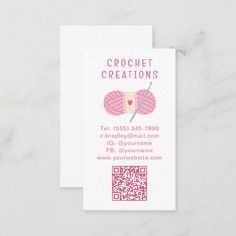 a business card for crochet creations with a pink ball of yarn on it