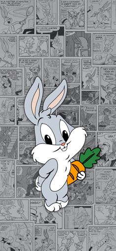 a cartoon rabbit holding a carrot in front of comic strips on a wall covered with comics