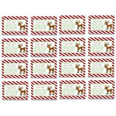 red and white striped christmas gift tags with reindeers on the front, set of 20