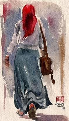 a watercolor painting of a woman walking down the street with a red scarf on her head