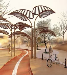 an artist's rendering of a man standing next to a bike in a park