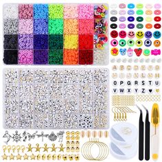 many different types of beads and accessories are shown in this image, including scissors, buttons,