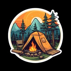 a sticker with a tent and campfire in front of the woods at night