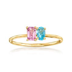 Ross-Simons - .30ct Pink Topaz, .20ct Swiss Blue Topaz Toi et Moi Ring Size 6. RS Pure. Modern designs that complete your outfit and complement your personality. French for "you and me," Toi et Moi rings are a unique way to celebrate a special relationship in your life. Wear our on-trend, two-stone designs as a sentimental symbol of romance, friendship, family - or simply treat yourself to double the sparkle! This dainty statement features a .30 carat emerald-cut pink topaz shimmering beside a .20 carat oval Swiss blue topaz. Crafted in polished 14kt yellow gold. 3/16" wide. Swiss blue and pink topaz two-stone ring. Blue Topaz birthstones are the perfect gift for December birthdays. Topaz Birthstone, December Birthday, Pink Topaz, Ring Blue, Swiss Blue Topaz, Stone Design, Dream Jewelry, Stone Ring, Emerald Cut