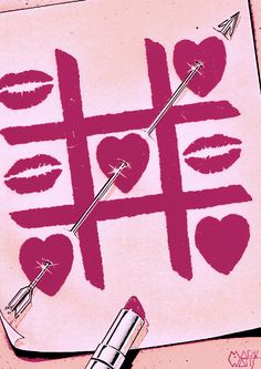 lipstick with arrows and hearts drawn on it in the shape of a tic tac toe