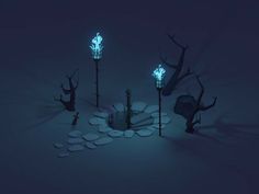 an image of some strange looking lights in the dark night time with trees and rocks