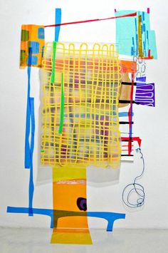 an abstract painting with different colored lines and shapes on it's side, including a yellow structure