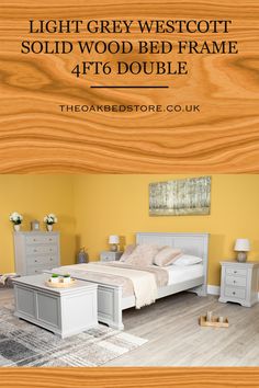 a bedroom with yellow walls and white furniture in the foreground text reads light grey westcott solid wood bed frame 4ft6 double