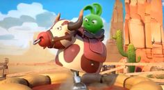 a cartoon cow riding on the back of a green and white bull in front of a desert landscape