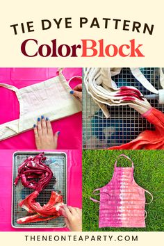 the tie dye pattern color block is shown in four different pictures, including pink and red