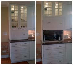 two pictures of a kitchen with white cabinets and counter tops, one has a microwave on it