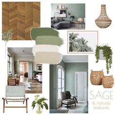 a collage of green and neutrals in a living room, dining room, bedroom