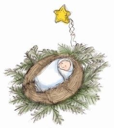 a drawing of a baby in a nest with a star