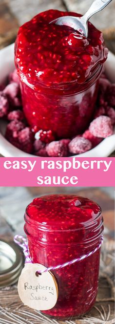 raspberry sauce in a glass jar with spoon on the side, and another image of