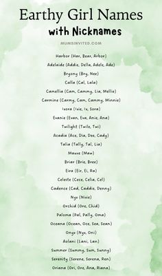 the earthy girl names with nickanes on them in green and white watercolor