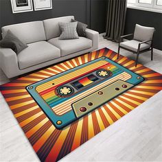 a living room area rug with an old school cassette tape