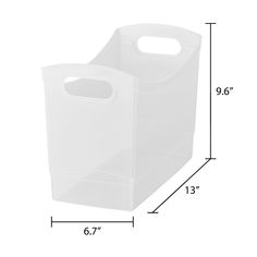 a white plastic storage bin with measurements for the top and bottom half of it,