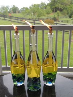 three bottles filled with liquid sitting on top of a table next to a horse field