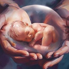 a painting of a person holding a baby in their hands