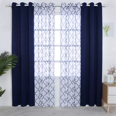 PRICES MAY VARY. WHAT'S IN THE PACKAGE?: Each set includes 2 pieces moroccan print sheer curtain and 2 pieces blackout curtains. Each curtain panel measures 37 wide by 84 inch long and finished with 6 grommets with 1.6 inch diameter that fits well with standard curtain rods, making them easy to install and move along the pole. PREMIUM BLACKOUT AND SHEER FABRIC: BONZER mix and match blackout curtains are crafted from 100% polyester fabric in a certified STANDARD 100 by OEKO TEX factory. The sheer Dark Blue Curtains Living Room, Mix And Match Curtains, Moroccan Print, Layered Curtains, Curtains For Bedroom, Blue Curtains, Kids Bedroom Sets, Studio Apartment Decorating, Curtain Designs