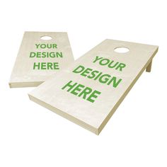 two cornhole game boards with your design here printed on the front and back side