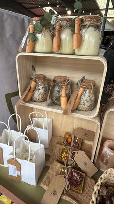 some jars and bags are sitting on a table