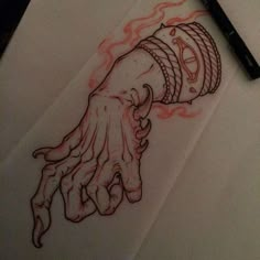 an ink drawing of a hand with fire coming out of it