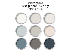 six different shades of gray paint on white paper with the words reposse gray