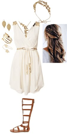 a white dress with gold accessories and sandals