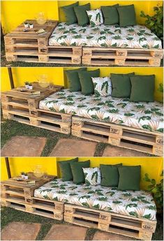 two pictures of a couch made out of wooden pallets with pillows on top and bottom